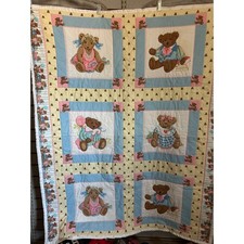 Vintage Teddy Bear Patchwork Baby Quilt Pastel Yellow Pink Blue 40x51 Nursery