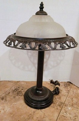 Vintage Bronze Art Deco Style Lamp 2 Light Sockets Frosted Glass Shade