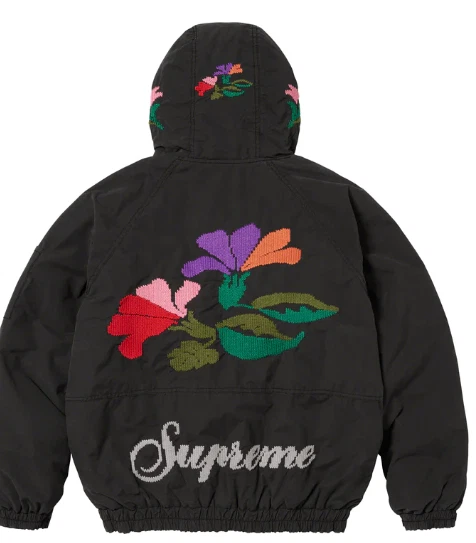 Veste à capuche Supreme Needlepoint noire taille XL résistante à l'eau fleur confirmée