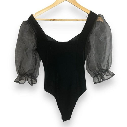 Forever 21 Velour Bodysuit Top Puffed Sleeves Sheer Black Small Stretch Velvet - Picture 2 of 11