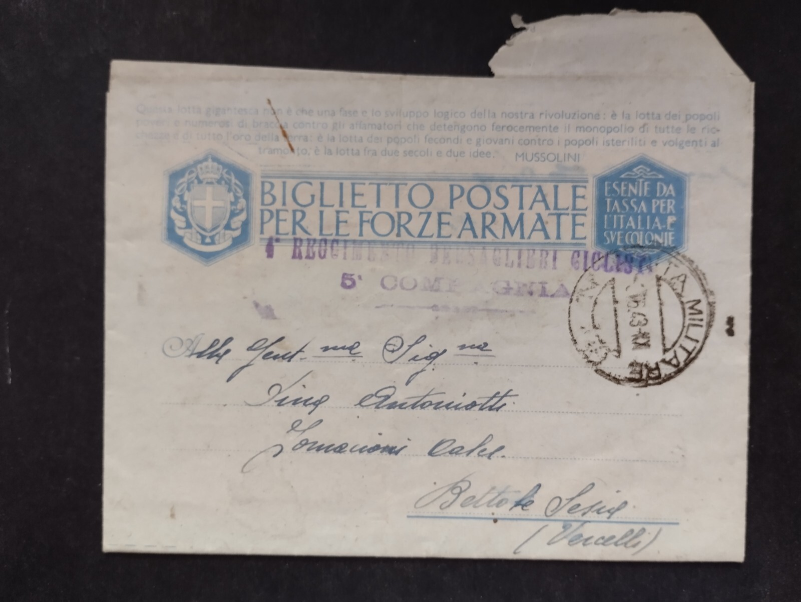 Timbro Posta Militare 4° Reggimento Bersaglieri Ciclisti 1943 WZ870