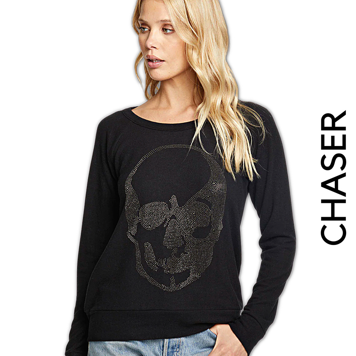 Chaser Brand NWT Diamond Skull Cozy Knit Fleece Pullover Sweatshirt Black  XS