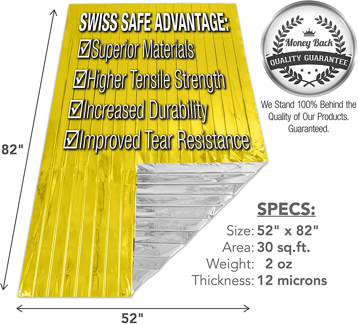 SWISS SAFE Emergency Mylar Thermal Blankets, Gold 5 Piece Lot NEW