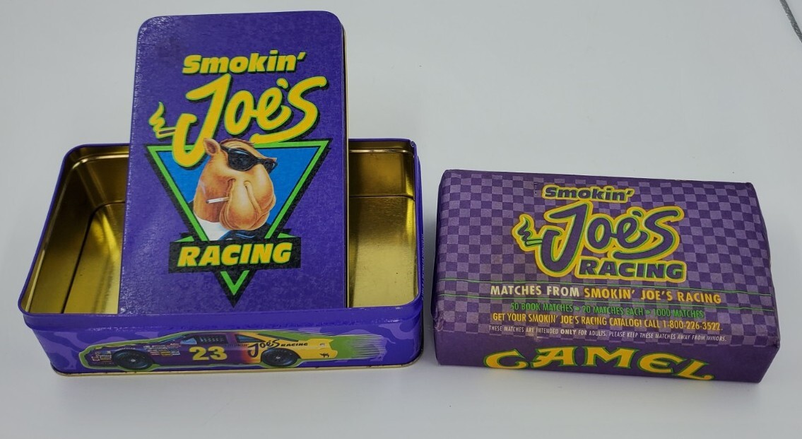Smokin' Joe's Racing Tin Match Box with matches in Camel Cigarettes