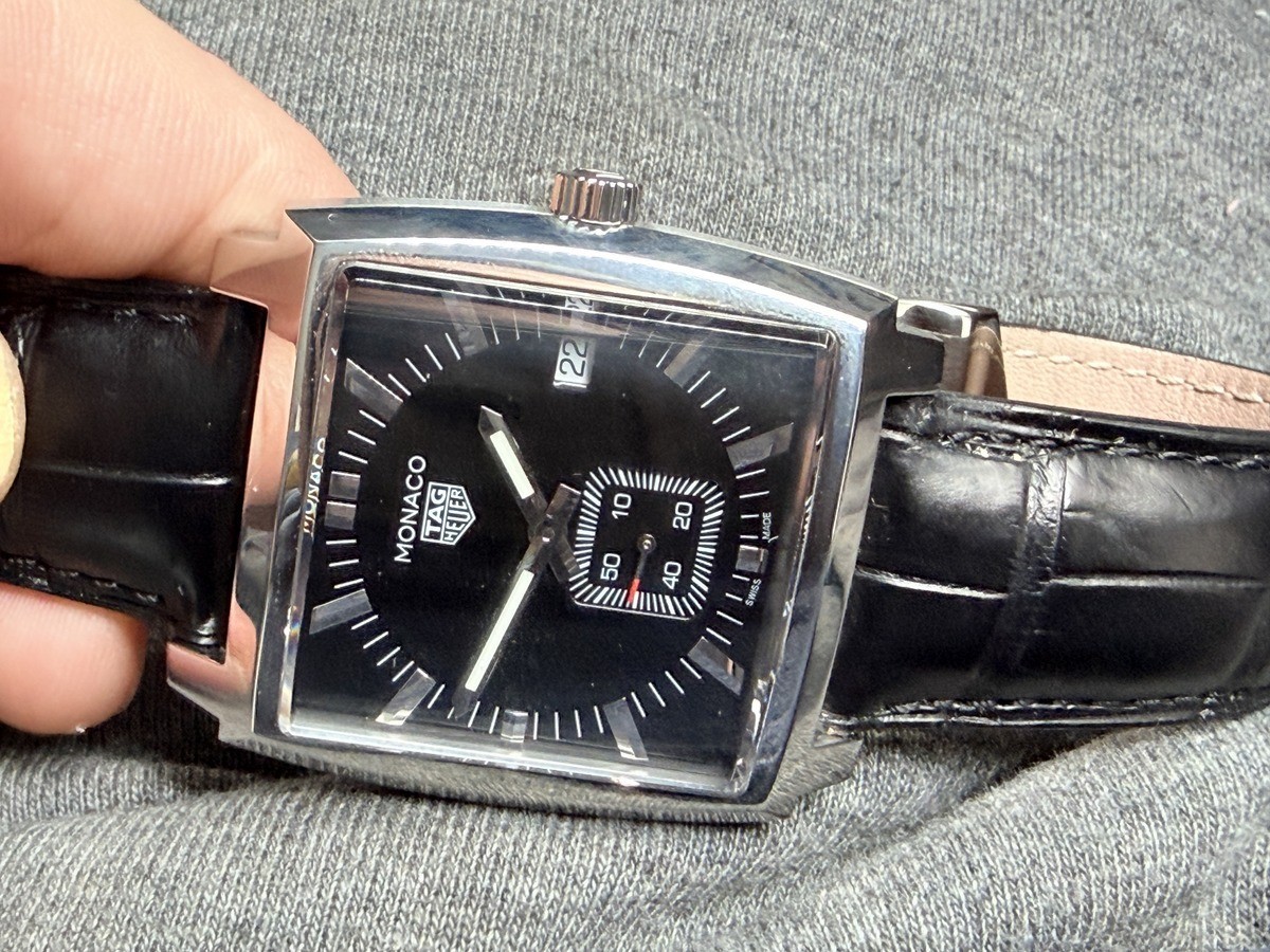 TAG HEUER Monaco WAW131A Stainless Steel Original Leather Strap Black MINT