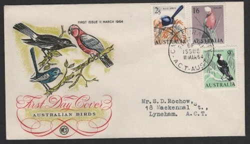 1964 Australian Native BIRDS Galah Magpie Wren on WCS WESLEY FDC # 4