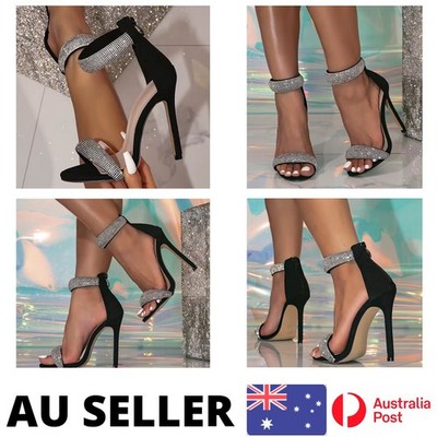 Party Heels Open Toe Ankle Wrap Zip Sandals Black Glitter Stiletto AU Stock