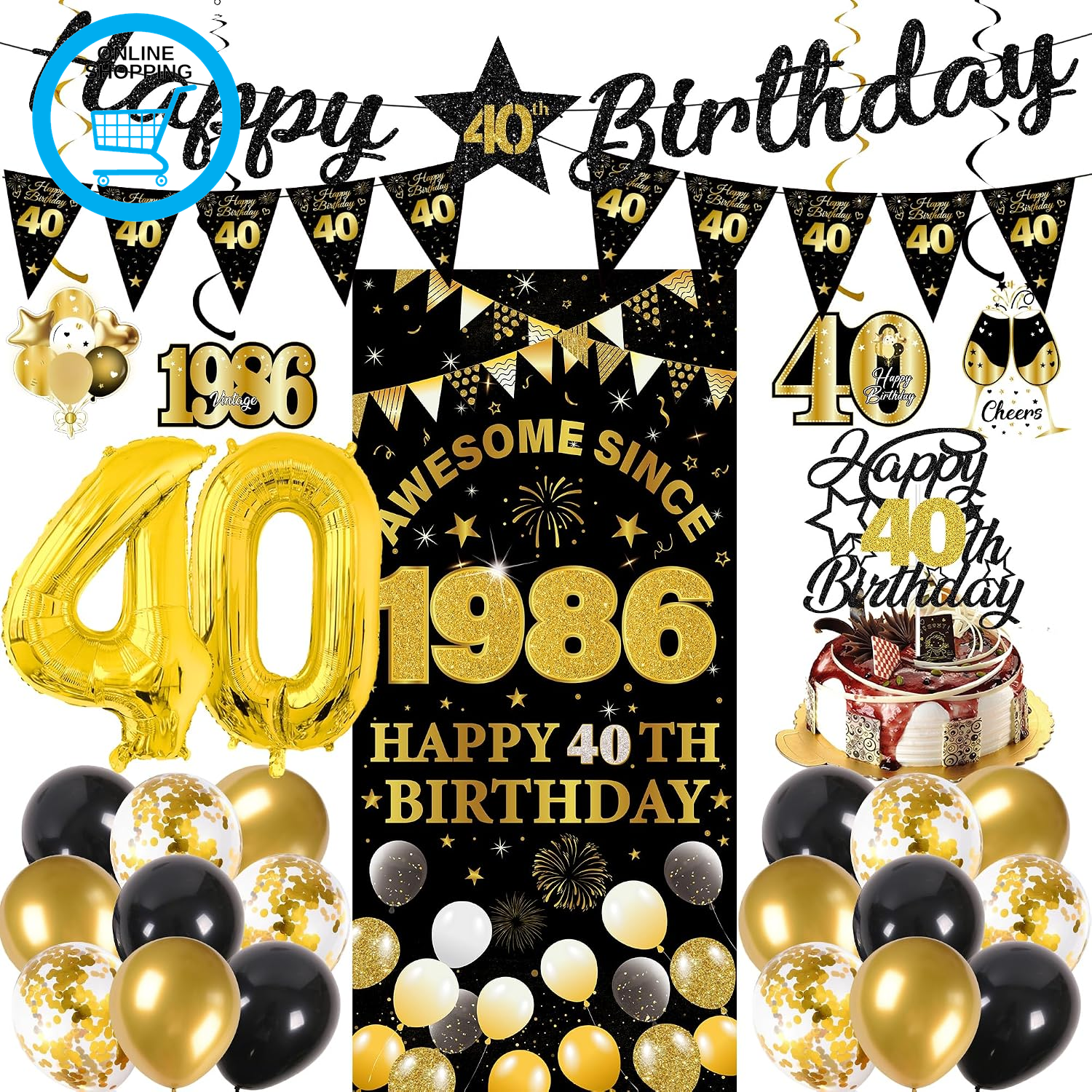 40Th Birthday Decorations Men Women - 27 Pcs Black Gold Happy 40Th Birthday Bann