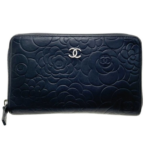 ■Authentic Chanel Long Wallet Camellia Design Round Zipper Long Wallet