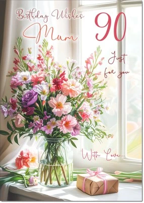 Doodlecards Mum 90th Birthday Card Age 90 Flower Bouquet and Present