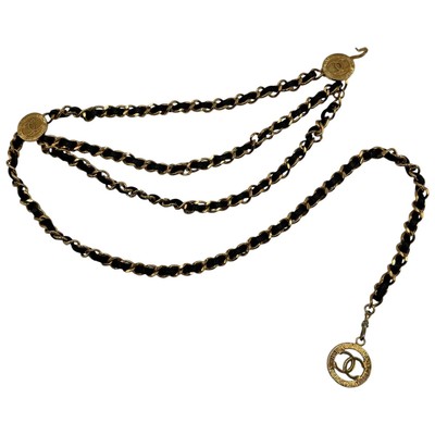 CHANEL Chain Belt Gold Plated Metal Black Leather Waist 