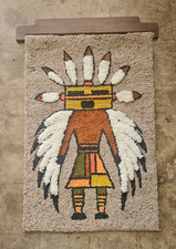 70s Vintage Latch Hook Native American Indian Kachina Rug Wall Hanging 2'x3'