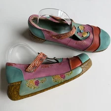 Socofy Leather Multicolor Mary Jane Shoes Womens Sz 11 EU 42 Artsy Boho Colorful