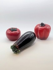 Vtg Murano Style Art Glass Hand Blown Vegetables Lot Of 3 Tomato Pepper Eggplant