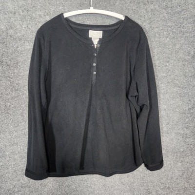 Oscar De La Renta Womens Henley Top L Black Fleece Polyester Long Sleeve