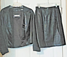 Vintage Evan Davies Black Genuine Leather Skirt Suit 2 Pc Jacket Set Size 8