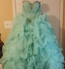 Mori Lee by Madeline Gardner Light Blue Ball Gown with Gold Accents