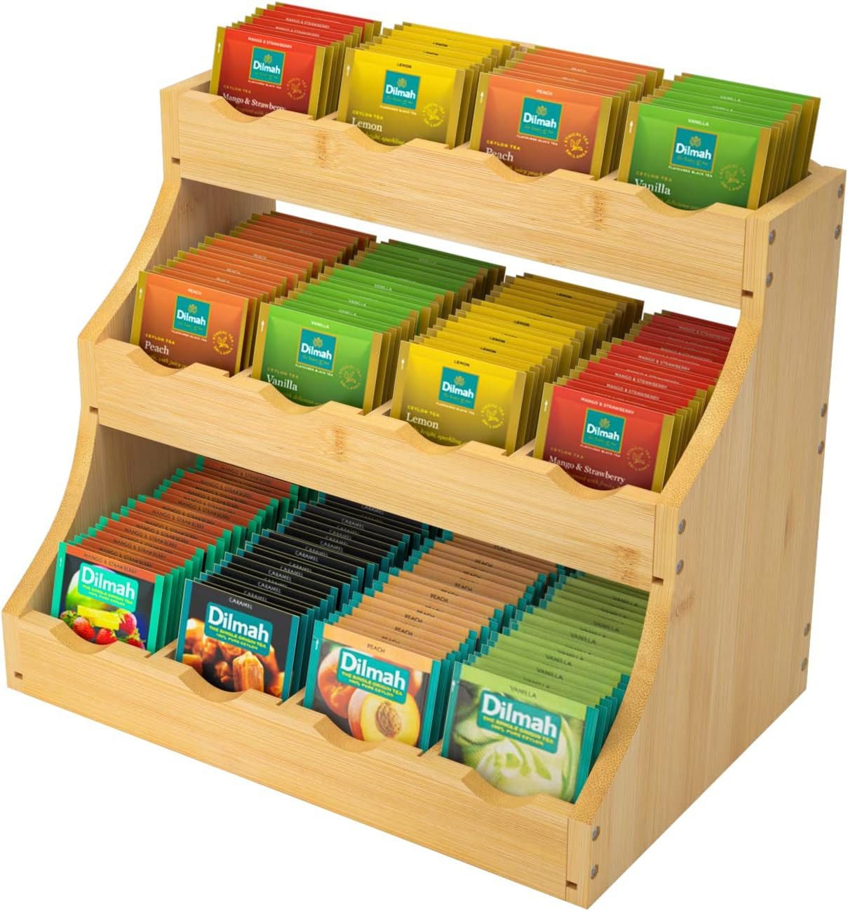 Bamboo Tea Bag Organizer 3 Tier Vertical 12 Adjustable Partitions-Self-Assembly