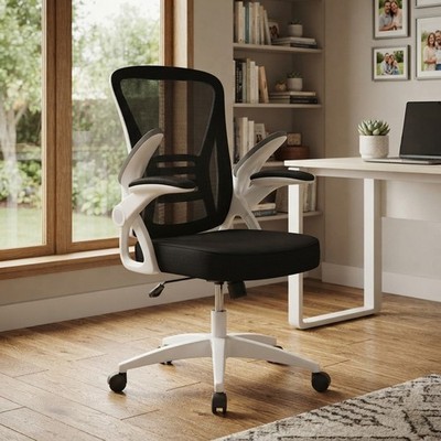 Ergonomischer Schreibtischstuhl mit mittlerer Rückenlehne und hochklappbaren Armlehnen - Weiß für Bürokomfort