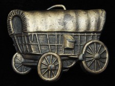 PJ09142 VINTAGE 1970s CUT-OUT  COVERED WAGON  OLD WEST BRASSTONE BELT BUCKLE