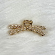 New Women  s Bow Beaded Sparkle Pearls Crystal Gold White Elegant Hair Claw Clip