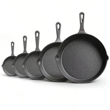 5-Piece Pre-Seasoned Cast Iron Pan Set 12/10/8/6 + Grill, Even Heat, Induction
