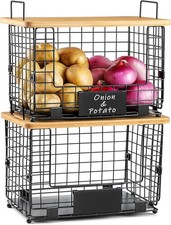 2 Set XL Stackable Wire Basket with Bamboo Tops Tags- Pantry Organizer and