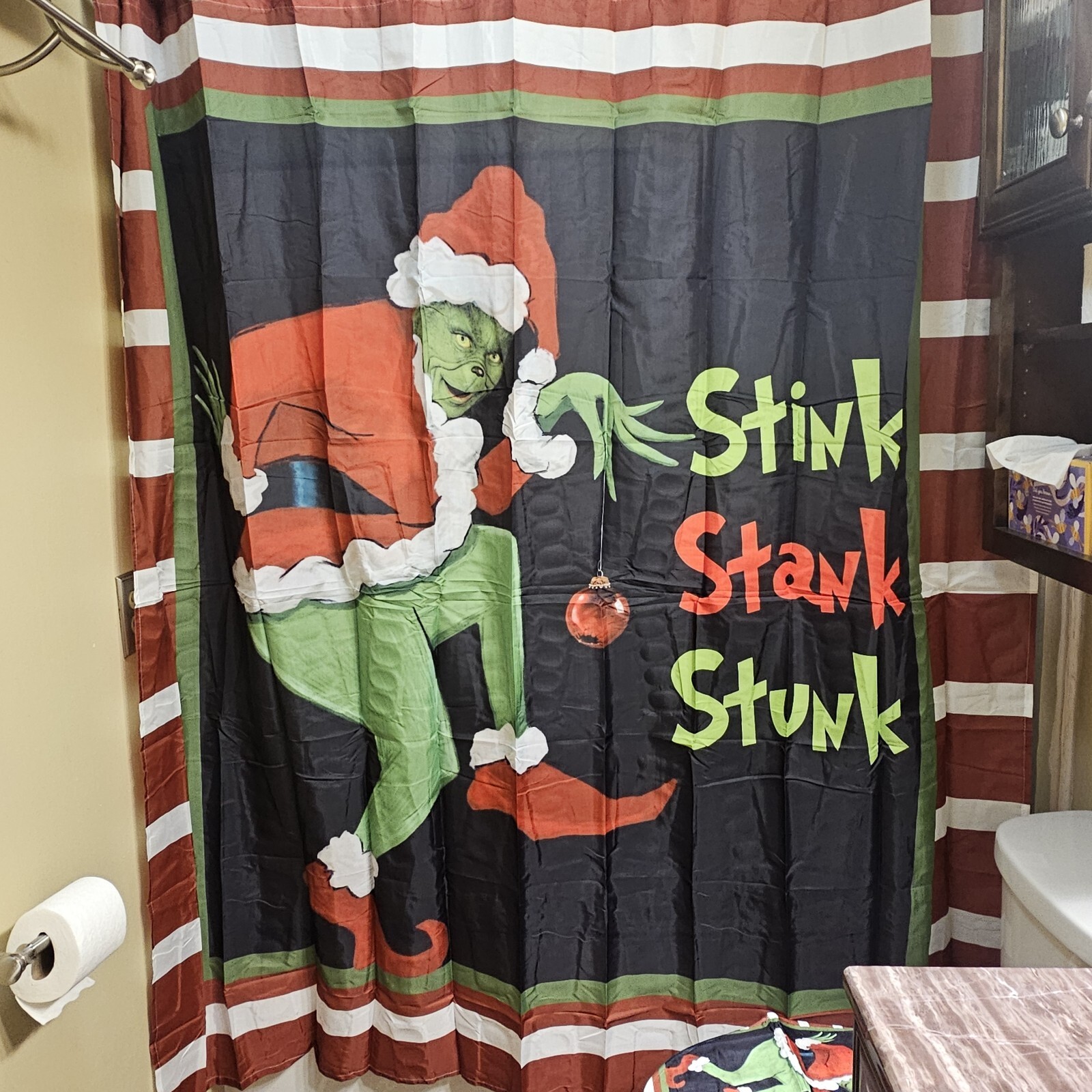Stink Stank Stunk Grinch Merry Christmas Shower Curtain or Bathroom Set.