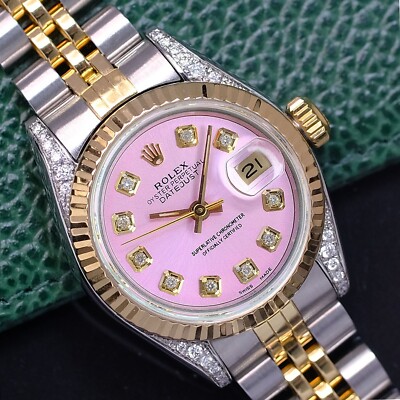Rolex Datejust 69173  18KY & SS Pink Diamond Dial & Lugs Fluted Ladies Watch