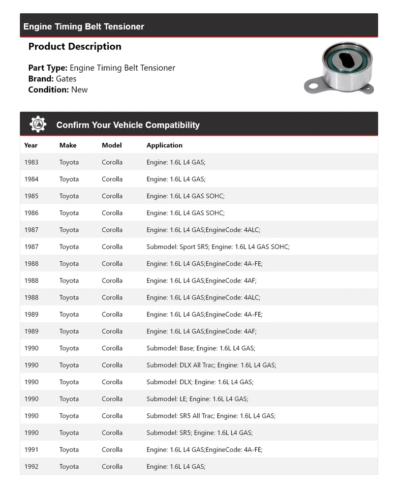 Tensor de correa de distribución de motor Toyota Corolla 1983-1992 puertas 1984 1985 1986 Foto 2 de 4