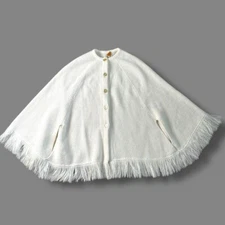 Vintage 70s Carol Brent Poncho Cape Button Up Fringe Off White Grannycore Spring