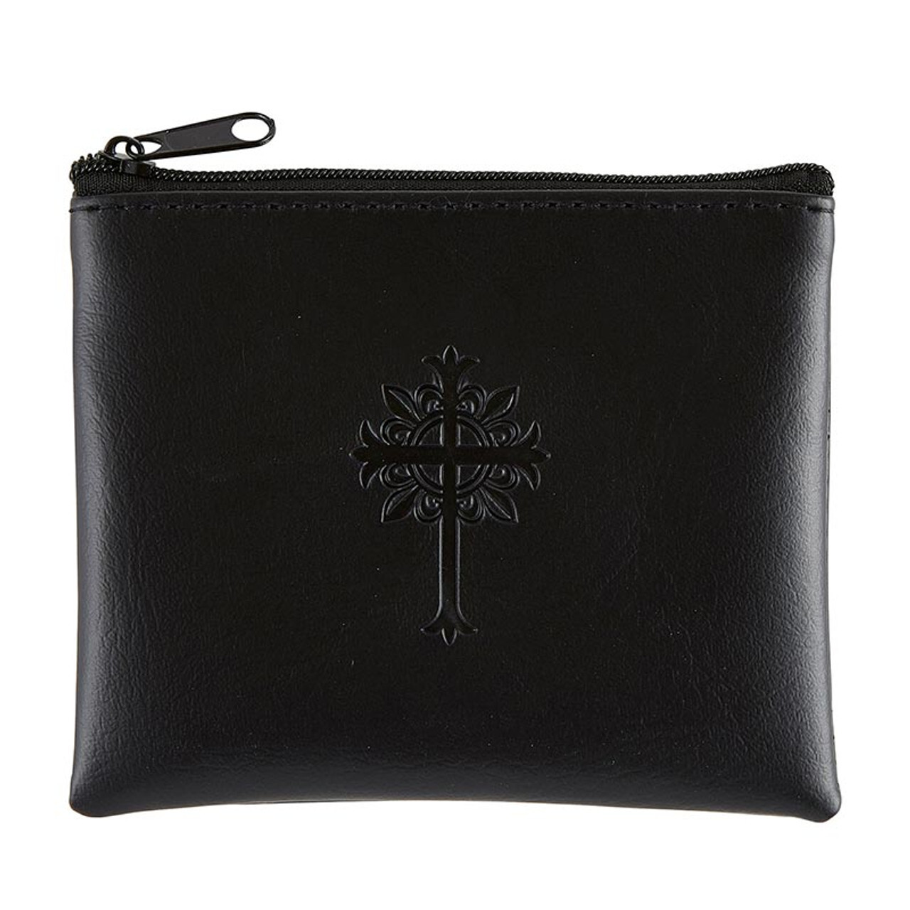 Large BLACK Leatherette Rosary Case - Zip Top Pouch w/ Cross  4.5” X 3.5”