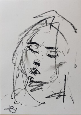 Frauenporträt Öl Pastell Zeichnung 12x8'' MINIMALISMUS VIVEK MANDALIA zeitgenössisch 