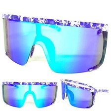 Oversize RETRO SPORTY WRAP AROUND Shield SUN GLASSES Huge Purple Frame Blue Lens