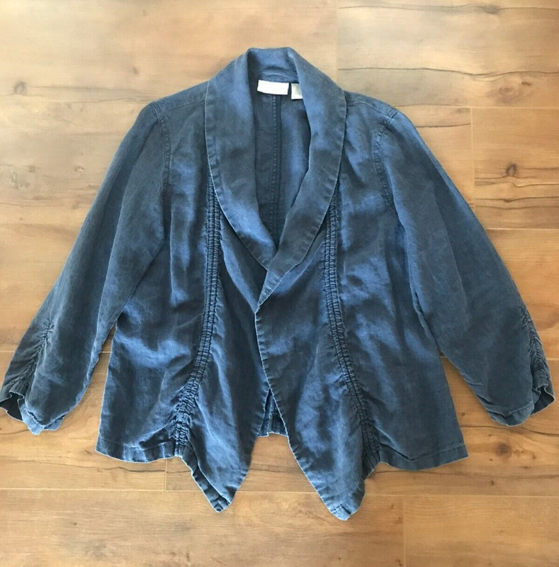 Chico's Women's Linen Blazer Sz 0 US Sz S Solid Blue Drape Front 3/4 Sleeve