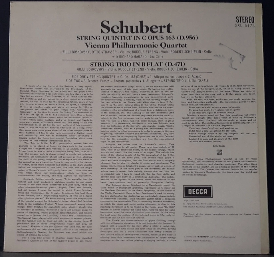DECCA SXL 6173 ED 1 AUS/UK SCHUBERT STRING QUINTET / TRIO VIENNA QUARTET 1965 LP - Image 3 of 3
