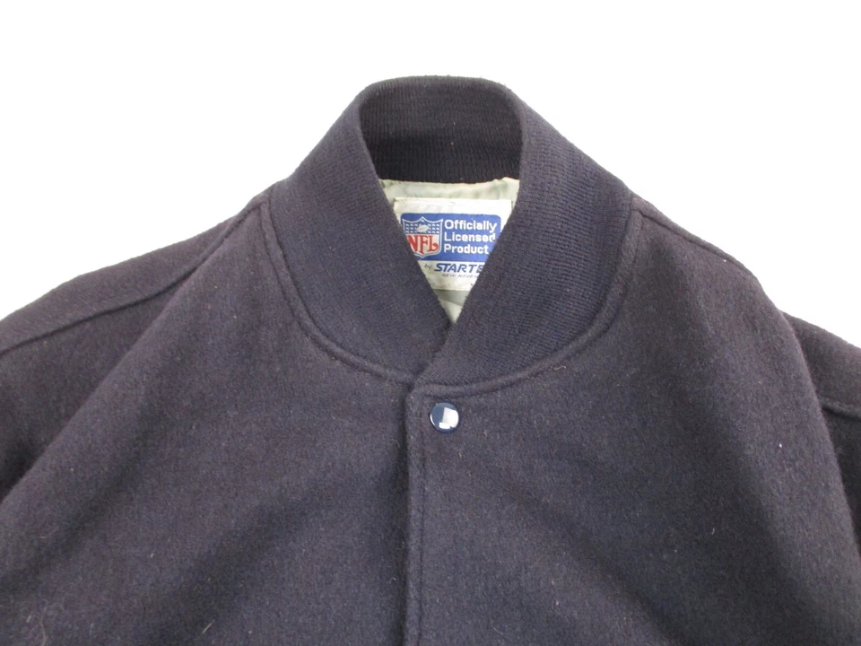 Chaqueta de bombardero vintage Starter para hombre XL azul mangas de cuero a presión lana NFL Foto 2 de 4