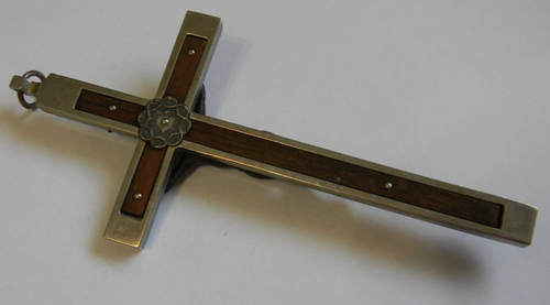 Vtg 6" wood inlay cross crucifix pectoral Nun Priest pendant medal Jesus INRI - Picture 9 of 13