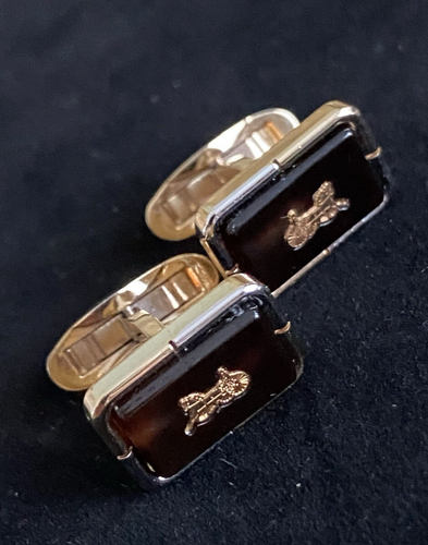 CELINE Cufflinks Horse Carriage Amber/Topaz color with Silver/Goldtone Triomphe
