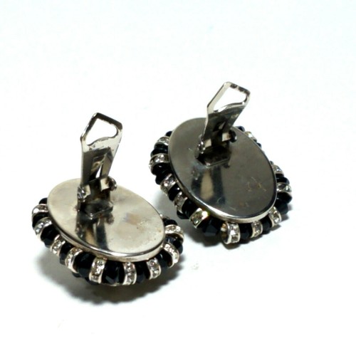 Domed Clip Earrings Rhinestone Channel Set Rondelle Big Clear Black Vintage 50's - Picture 8 of 9
