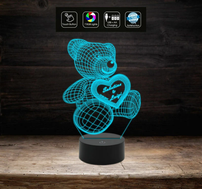 Lampada Led SAN VALENTINO 7 colori selezionabili – REGALO NASCITA ORSETTO 3D - Immagine 4 di 4