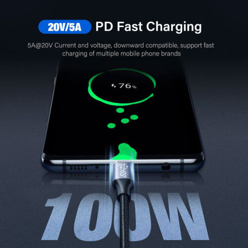 10pcs Type C USB 3.1 100W 5A PD Braided Cable Data Fast Charging Cord 90 Degree - Picture 7 of 12