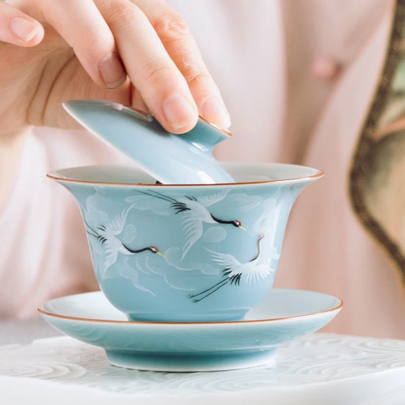 Grúa pintada a mano poesía Gaiwan cerámica puré tapa Jingdezhen porcelana galina Foto 3 de 4