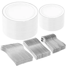 250pcs Silver Plastic Dinnerware Sets, Includes: 50 Silver Dinner Plates, 50 ...