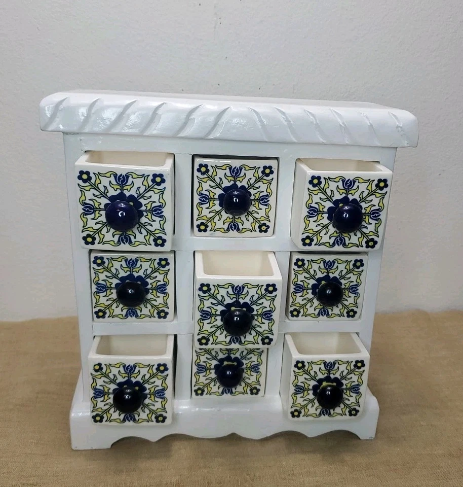 Apothecary 9 Wooden Drawer Porcelain /Ceramic Cabinets Tabletop Farmhouse  - Image 3 of 4
