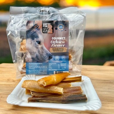 HAPPY FOR Dogs Deluxe Ochsenziemer 500 g (7-10 cm) Stücke   Snack & Zahnpflege.