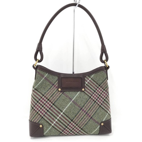 Burberry One Shoulder Bag Leather Cloth Plaid Brown Used SKAI-0