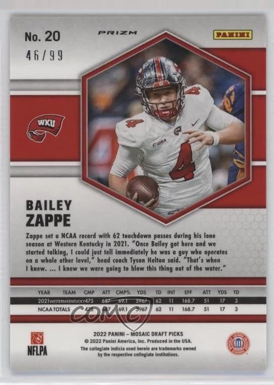 2022 Panini Mosaic Draft Picks Mosaic Red Prizm /99 Bailey Zappe #20 Rookie RC - Image 2 of 2