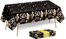 3Pcs 50th Birthday Tablecloth, Black Gold 50th Birthday Decorations for Men W...