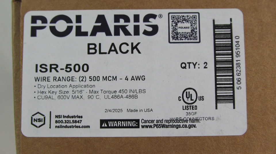 2-PACK NEW NSI POLARIS BLACK ISR-500 MCM 4-AWG INSULATED INLINE SPLICE - Image 4 of 4